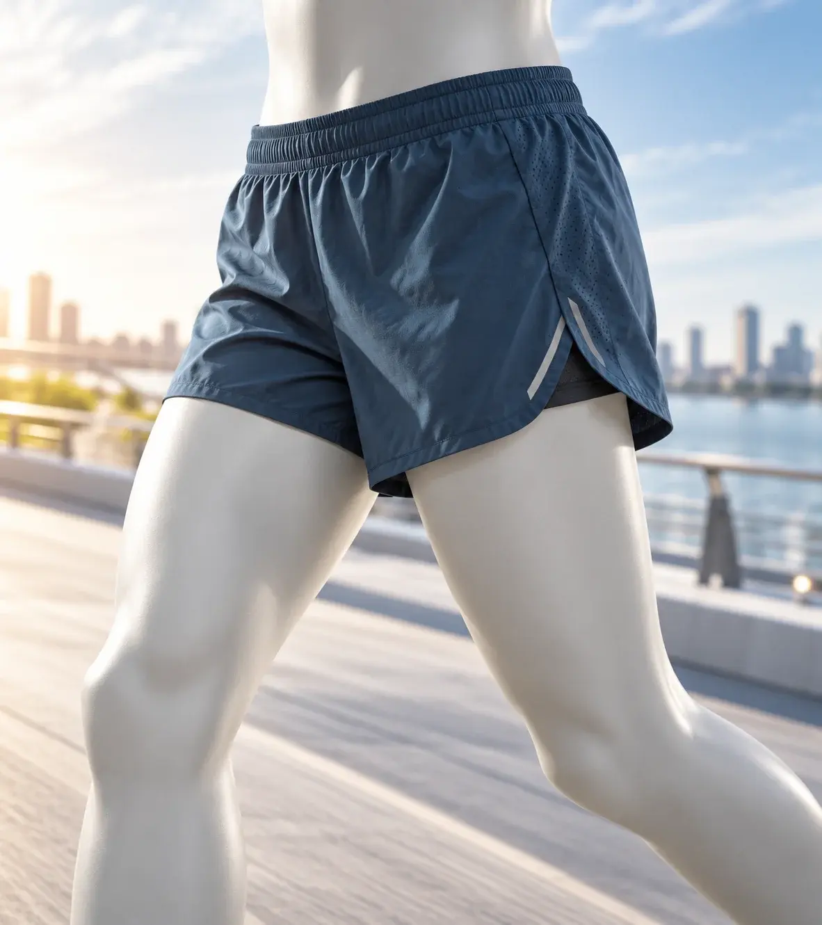 Lightweight blue running shorts displayed on a white mannequin, featuring a breathable perforated side panel, reflective detailing, elastic waistband, and split hem against a sunlit waterfront background.